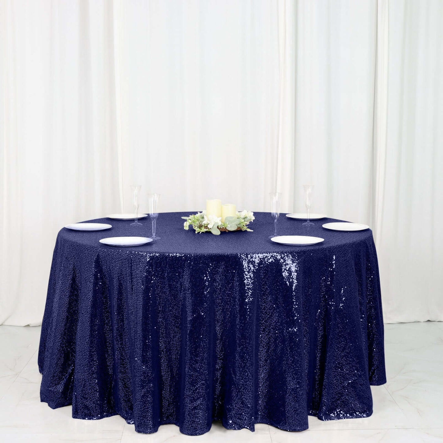Sequin 120" Round Tablecloth Navy Blue - Seamless Glittering Table Cover