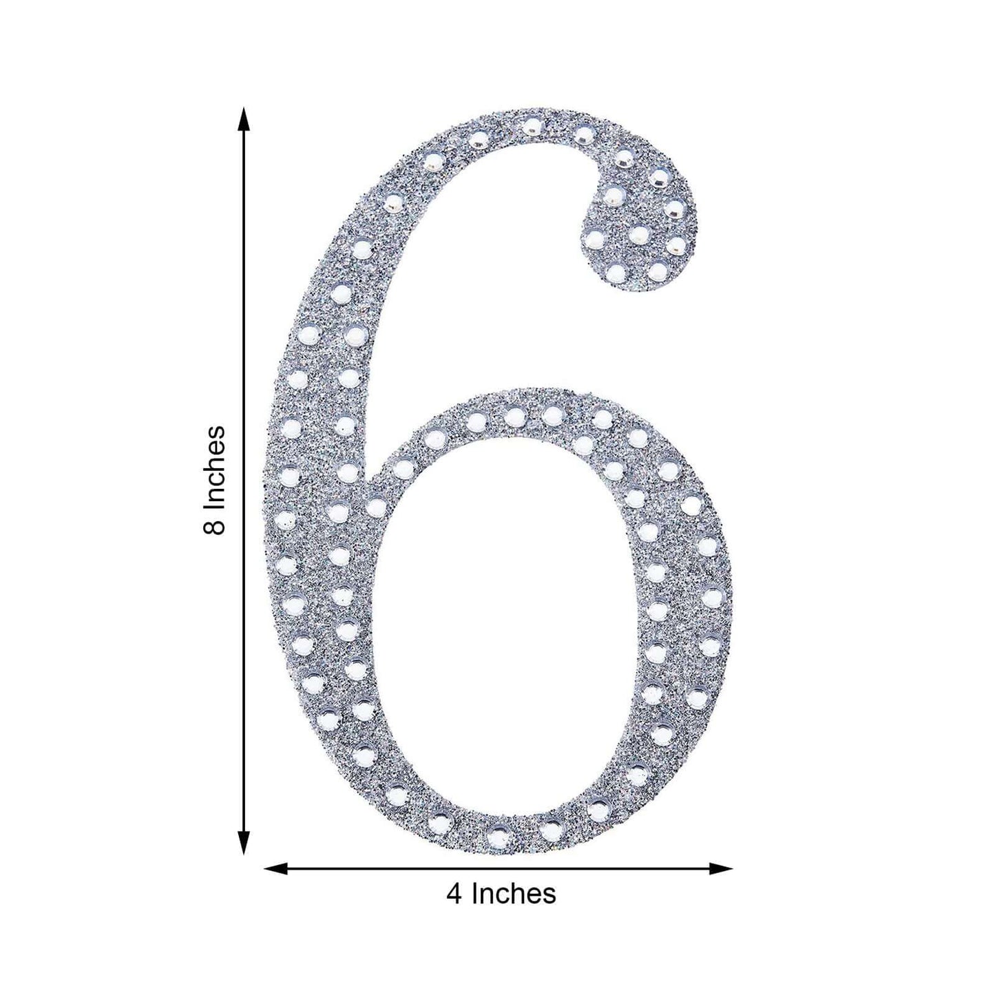 Decorative Rhinestone Number "6" Stickers, Glitter Adhesive Craft Numbers Silver DIY Sparkle Embellishments 8"