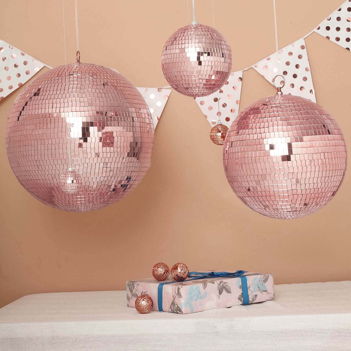 4 Pack 6" Rose Gold Foam Disco Mirror Ball With Hanging Strings, Holiday Christmas Ornaments