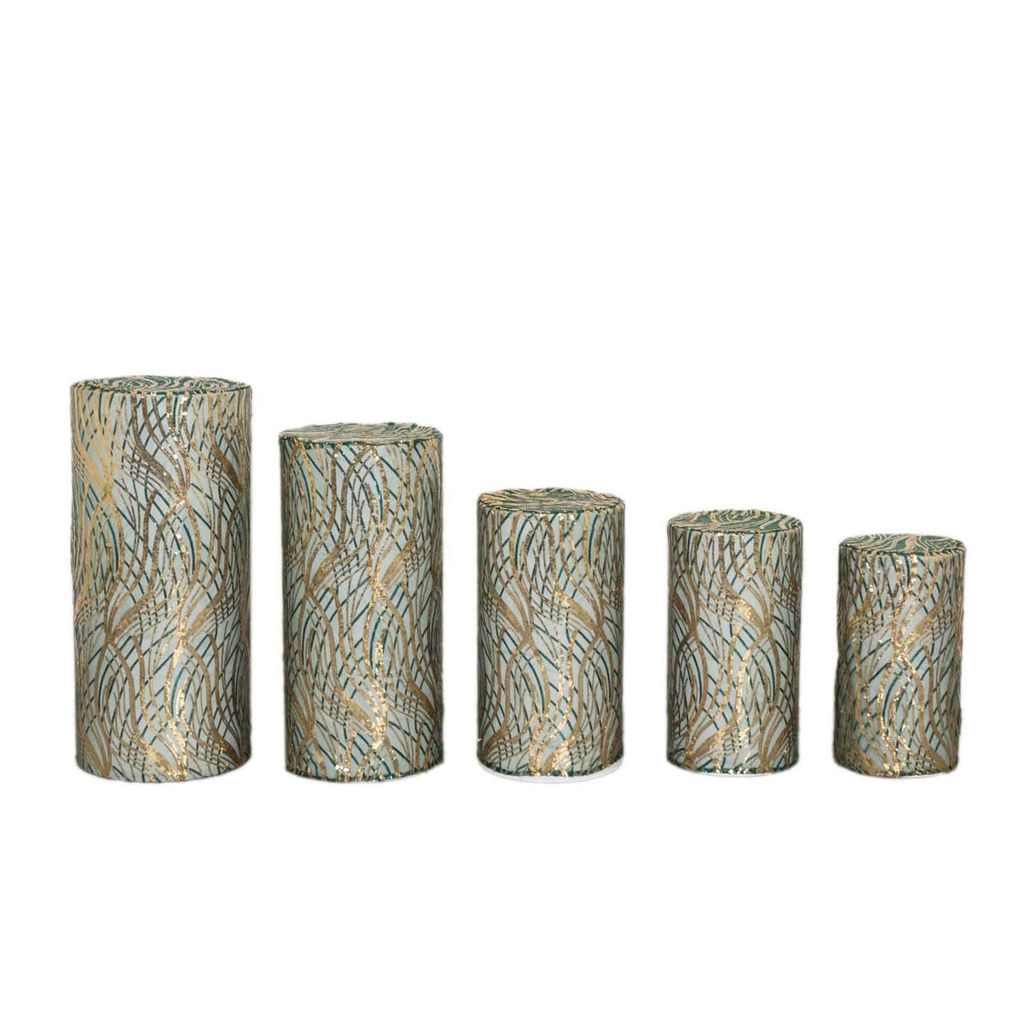 Set of 5 Hunter Green Wave Mesh Cylinder Pedestal Stand Covers with Embroidered Sequins, Emerald Pillar Prop Covers - 160 GSM
