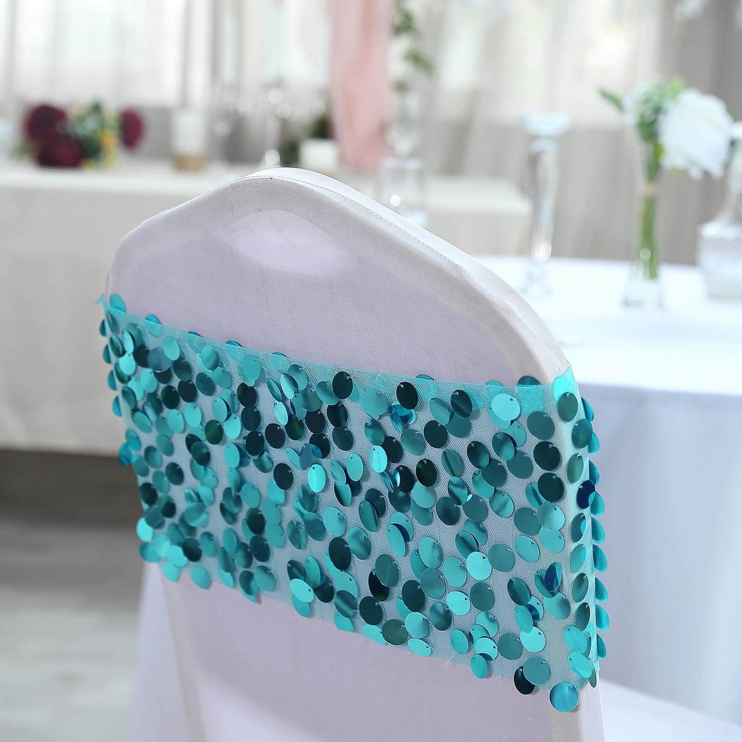 5 Pack Big Payette Sequin 13"x10" Chair Sash Bands Turquoise - Stylish Glittering Decor for Weddings & Gatherings