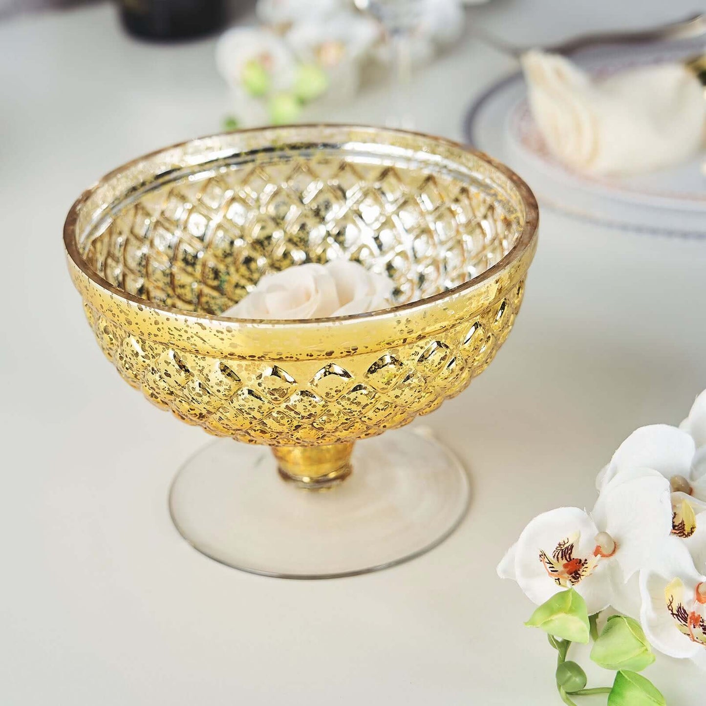 Mercury Glass Pedestal Bowl Vase Compote Style Gold - Sophisticated Floral Table Decor for Events 8"