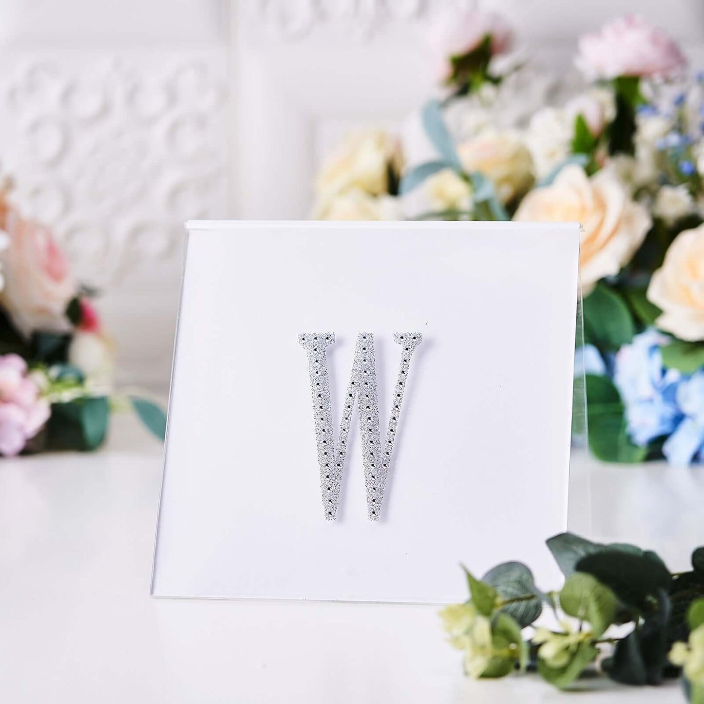Decorative Rhinestone Alphabet "W" Letter Stickers, Glitter Adhesive Craft Letters Silver DIY Sparkle Embellishments 4"
