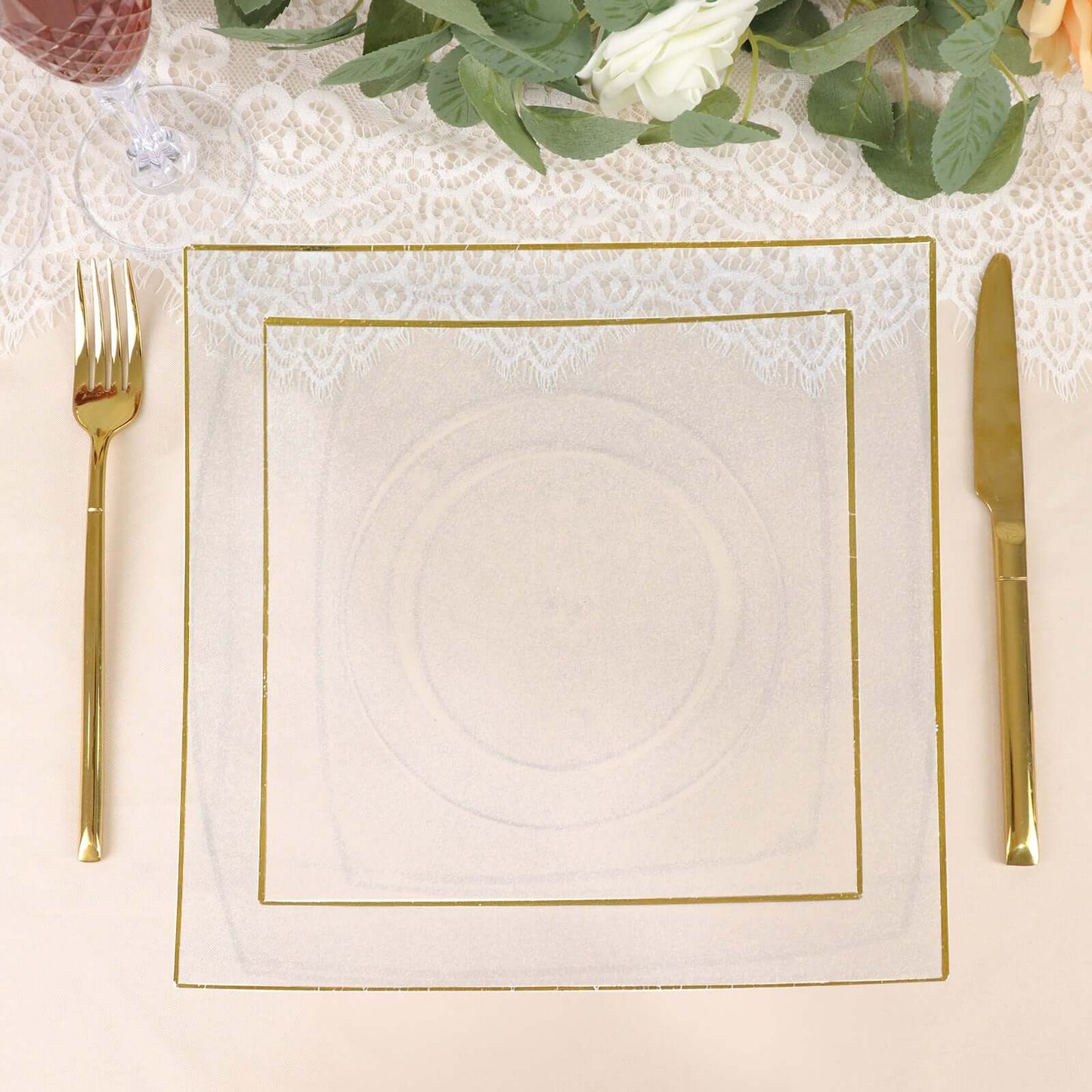 10-Pack Plastic 8" Square Dessert Plates in Clear Concave Style with Gold Rim - Modern Disposable Salad Appetizer Party Plates