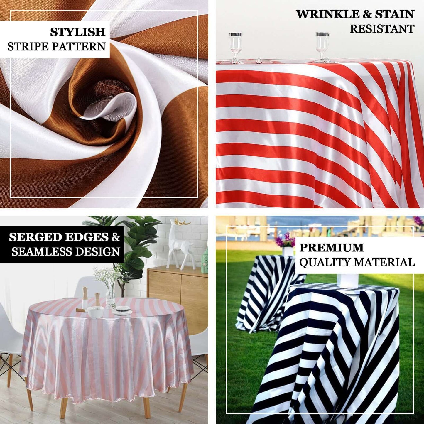 Satin 120" Round Tablecloth Black/White - Stripe Design with Seamless Silky Smooth Finish Table Cover