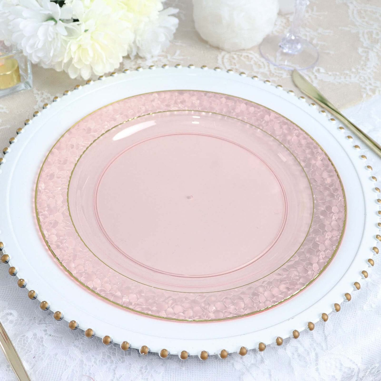 10-Pack Plastic 10" Round Dinner Plates in Blush Hammered Design with Gold Rim - Disposable Party Plates for Chic Banquets & Special Occasions