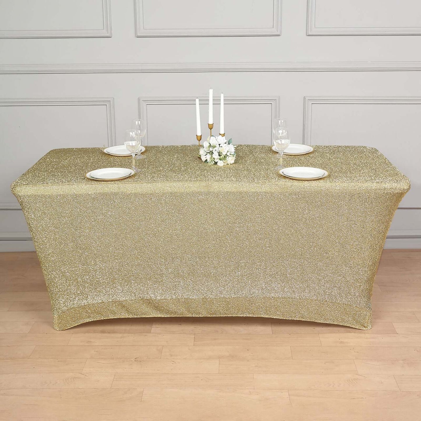 Shimmer Tinsel Spandex 72"x30" Rectangle Tablecloth Metallic Champagne Glittered Shiny Stretch Table Cover