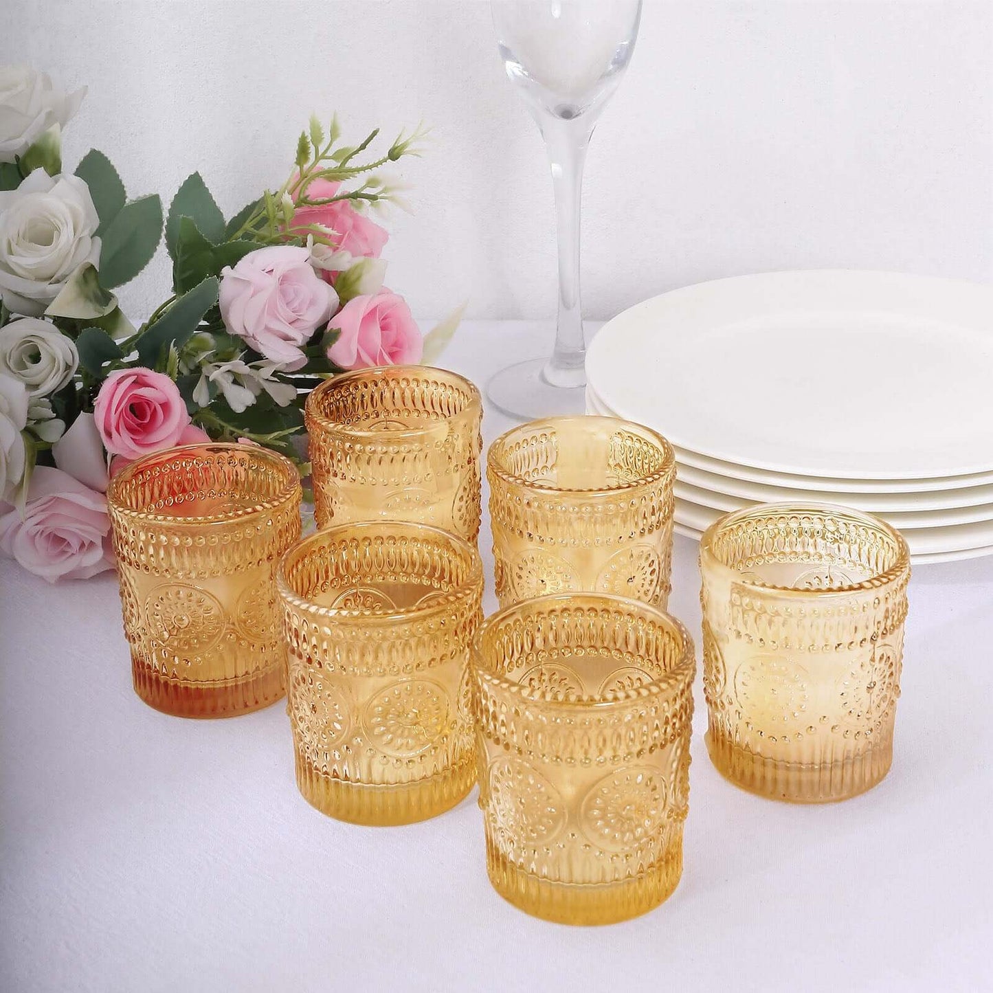 6-Pack Amber Gold Glass Votive Tealight Holders - Stylish Primrose Design for Weddings & DÃ©cor