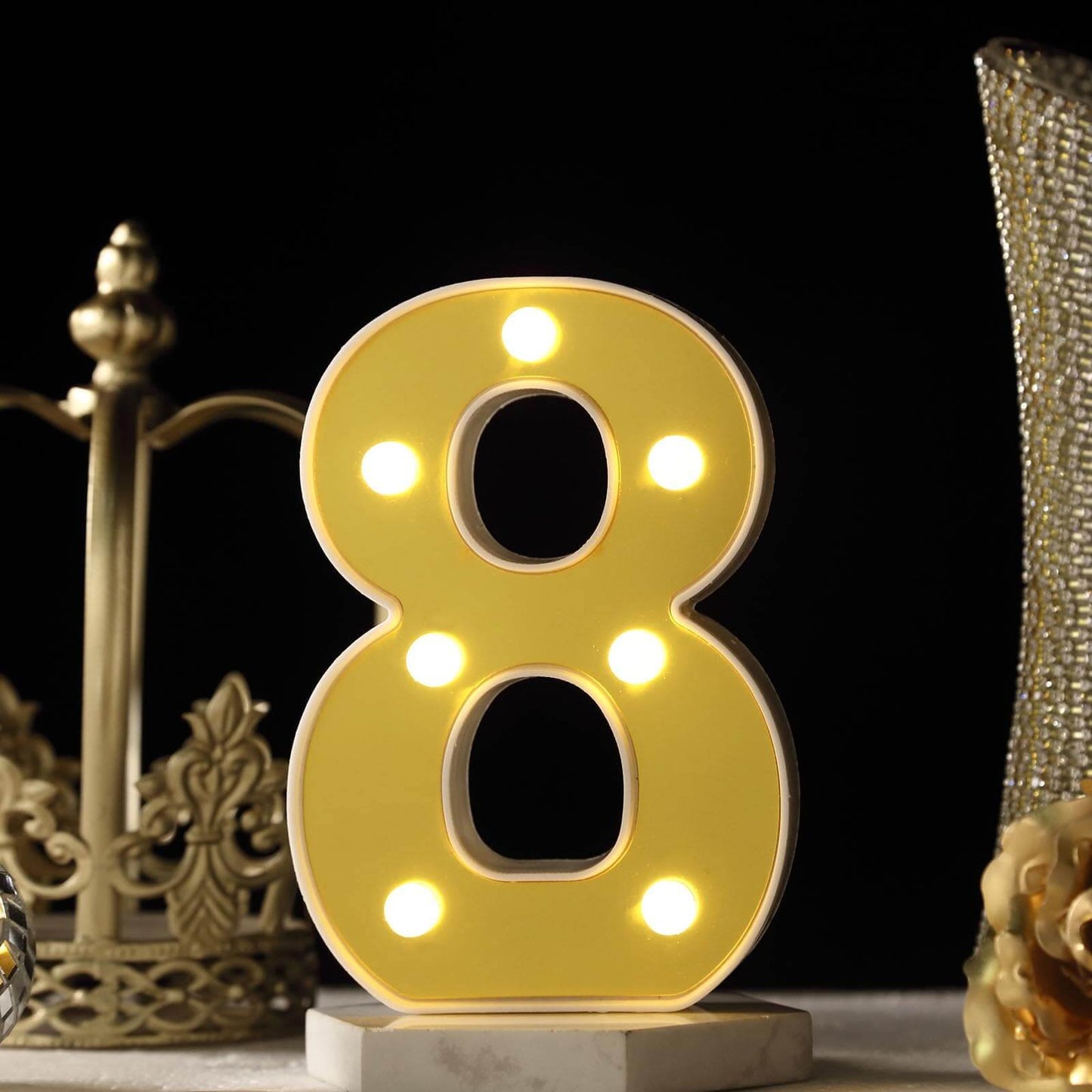 3D Marquee Number "8" Warm White 7 LED Lights Gold - Stylish Light-Up Accent for Events 6"