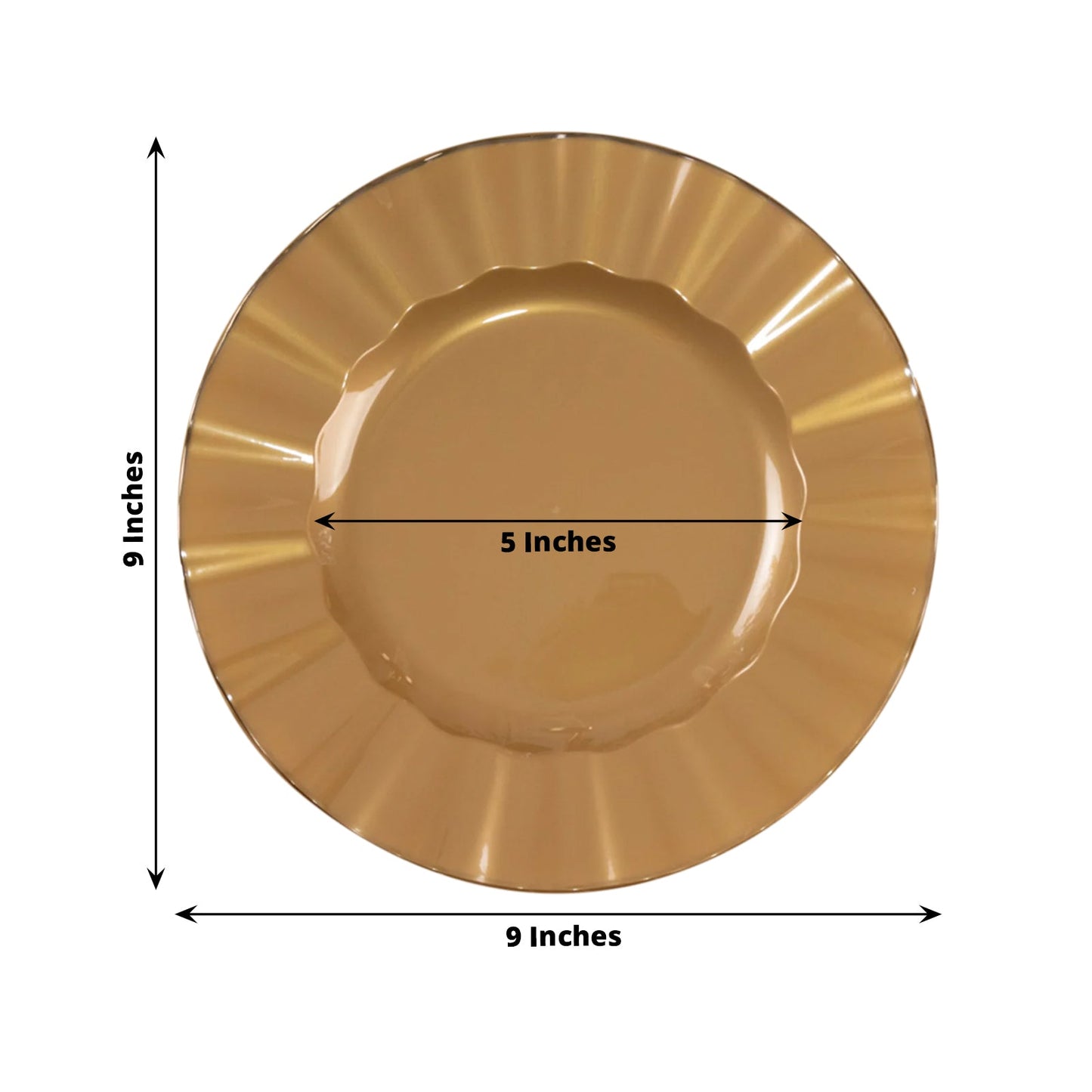 10-Pack Plastic 9" Round Dinner Plates in Gold with Ruffled Rim - Sturdy Disposable Dinnerware for Classy Events & Banquets