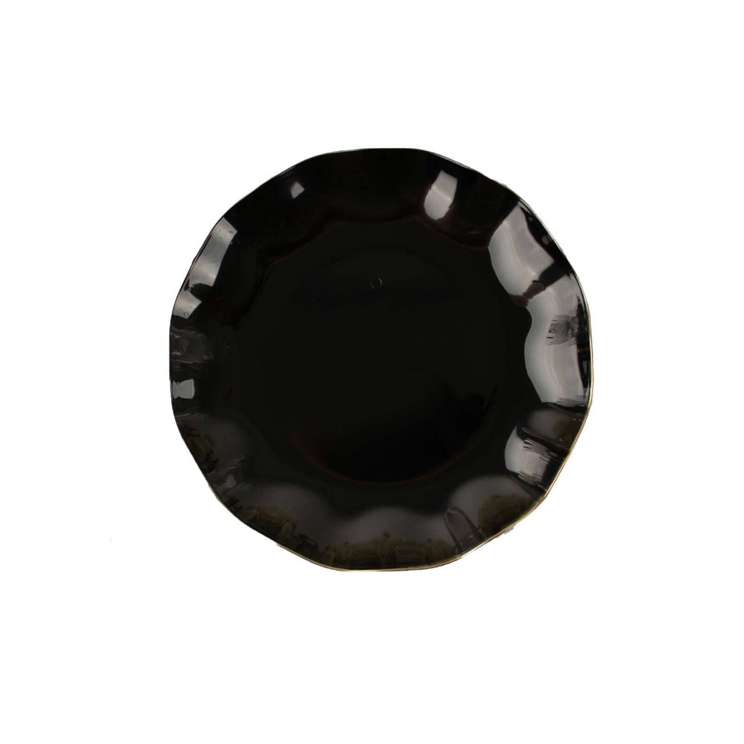 10-Pack Plastic Round 6" Dessert Plates in Black Ruffled Rim with Gold Edging - Sturdy Disposable Salad Appetizer Dinnerware
