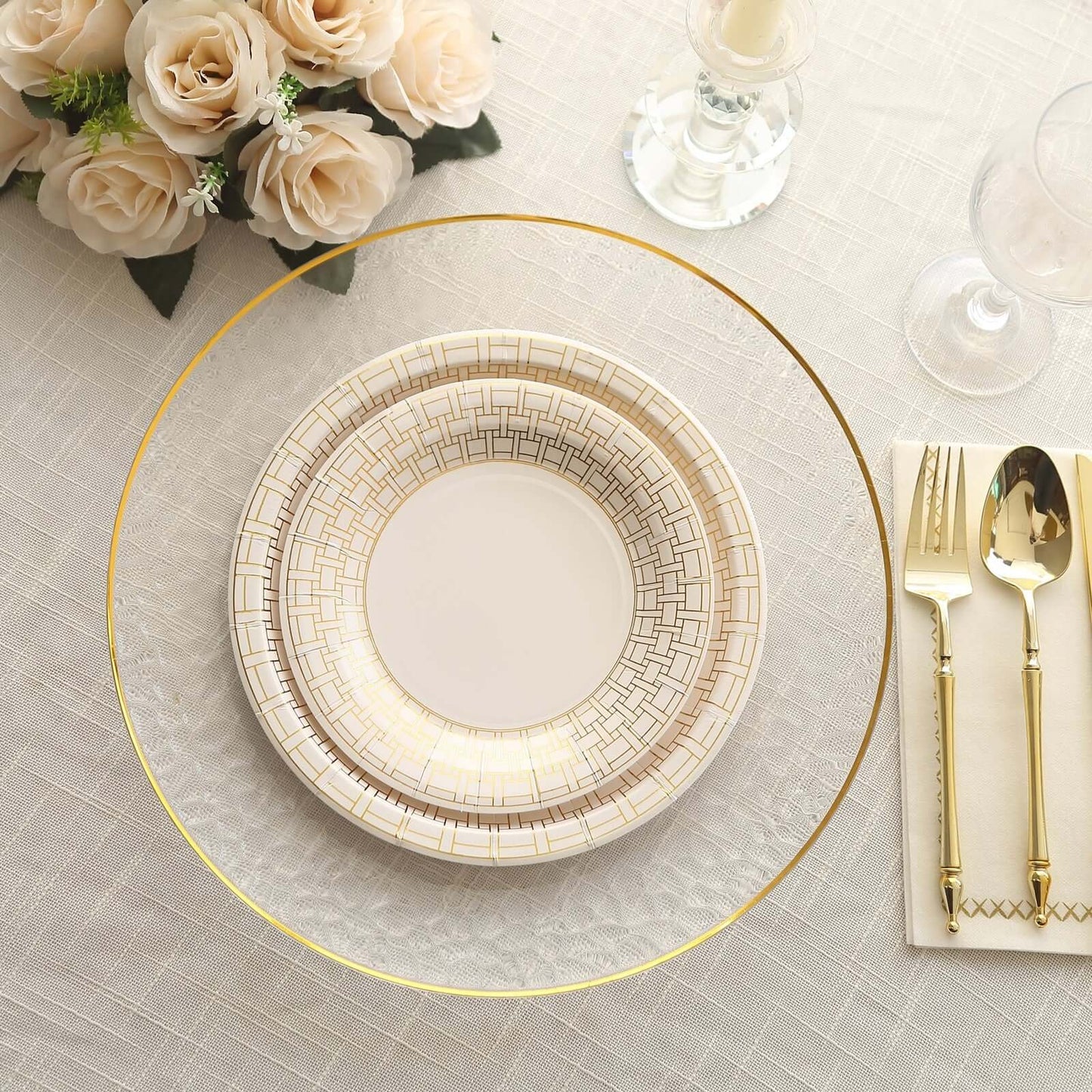 25-Pack Paper 7" Round Dessert Plates in White with Gold Basketweave Rim