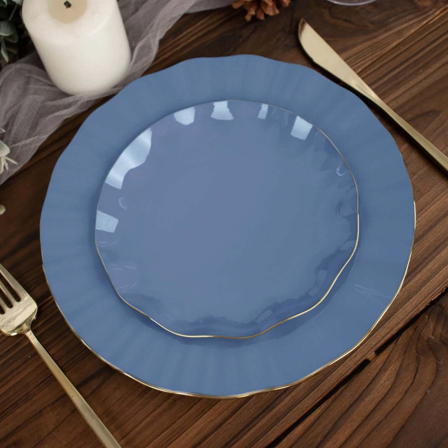 10-Pack Plastic Round 6" Dessert Plates in Ocean Blue Ruffled Rim with Gold Edging - Sturdy Disposable Salad Appetizer Dinnerware