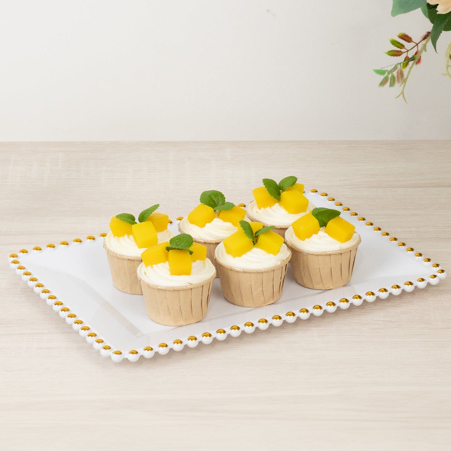 6-Pack Rectangular Acrylic Serving Trays White with Gold Beaded Rim - Food and Dessert Platters 9"x13"