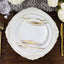 10-Pack Plastic 10" Round Dinner Plates in White with Gold Brush Stroked Print - Disposable Party Dinnerware for Modern Themed Events & Banquets