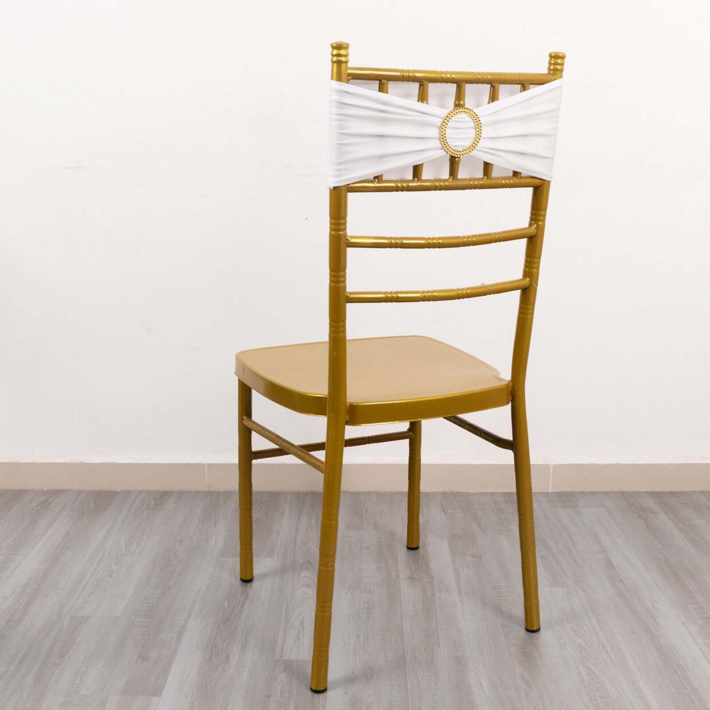 5 Pack Spandex Chair Sashes White with Gold Rhinestone Buckles - Reusable Four-Way Stretch Sash Bands for Classy & Effortless Wedding & Party Decor 5"x14"