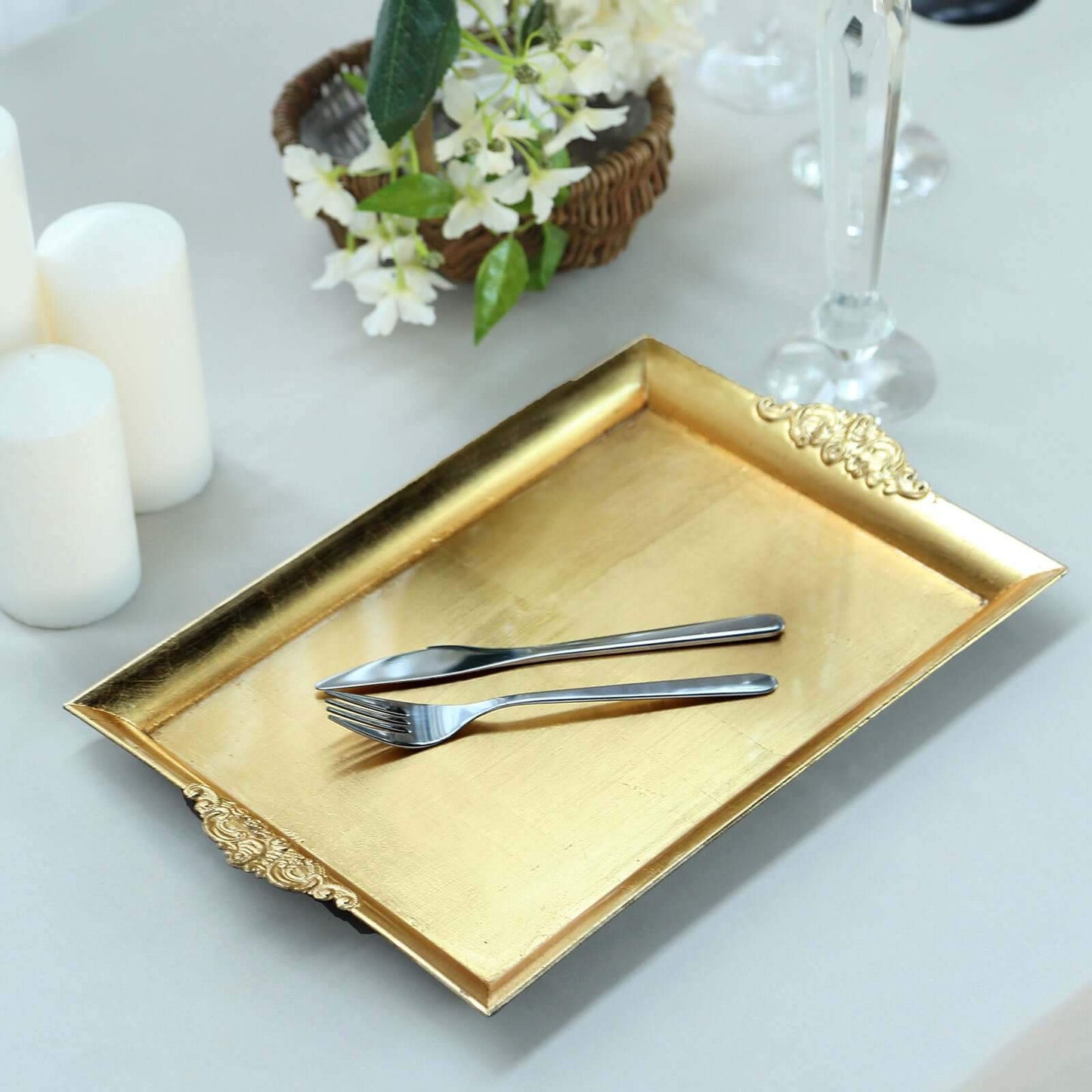 2-Pack Acrylic Rectangle Serving Trays 14"x10" in Gold with Embossed Handles, Sleek Decorative Dinner Party Food Platters