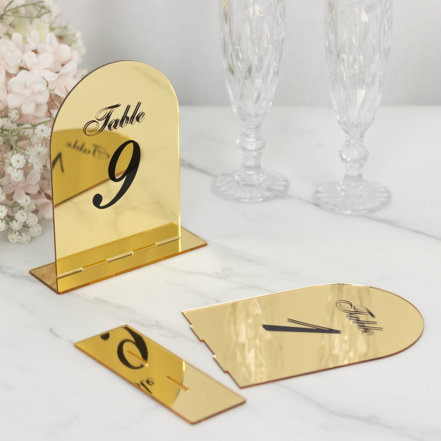 Gold Mirror Arch Acrylic Table Numbers (1-10) - 6"x7" Wedding Reception Signs with Black Print & Stands