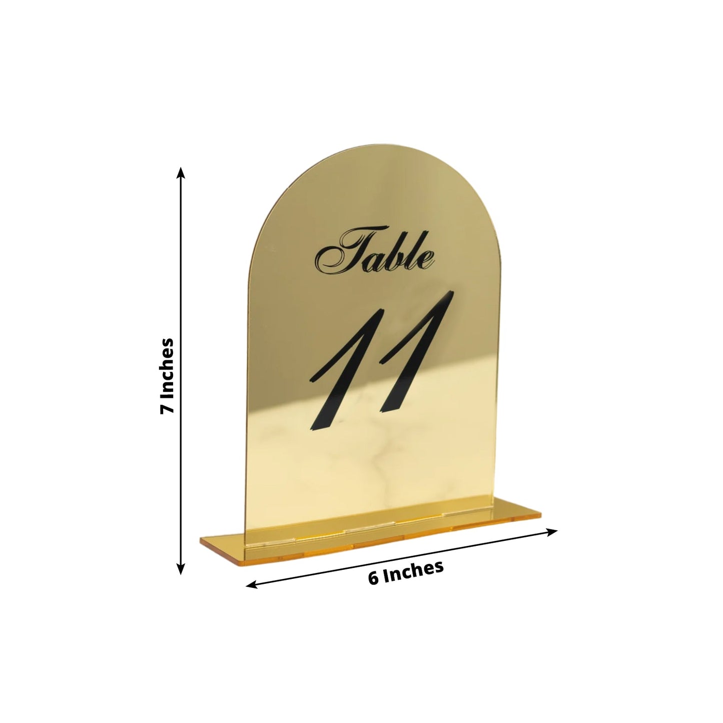 Gold Mirror Arch Acrylic Table Numbers (11-20) - 6"x7" Wedding Reception Signs with Black Print & Stands