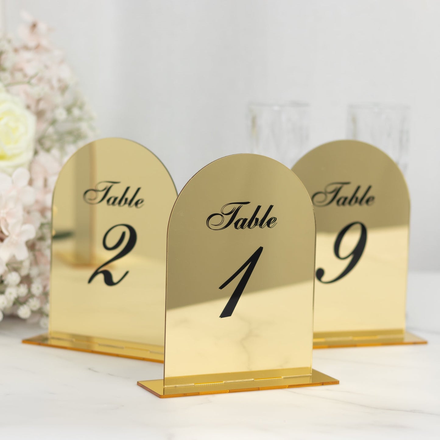 Gold Mirror Arch Acrylic Table Numbers (1-10) - 6"x7" Wedding Reception Signs with Black Print & Stands