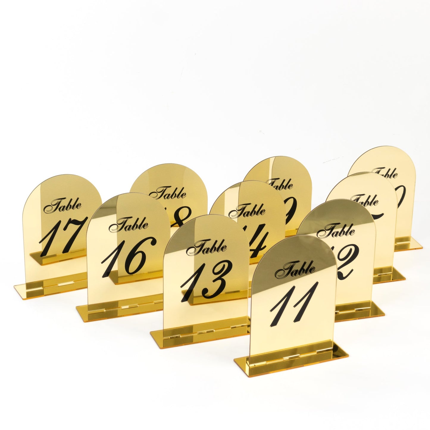 Gold Mirror Arch Acrylic Table Numbers (11-20) - 6"x7" Wedding Reception Signs with Black Print & Stands