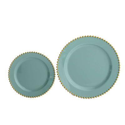 10-Pack Dusty Sage Green Plastic Dessert Plates â€“ 8" Round with Gold Beaded Rim, Disposable for Parties & Events