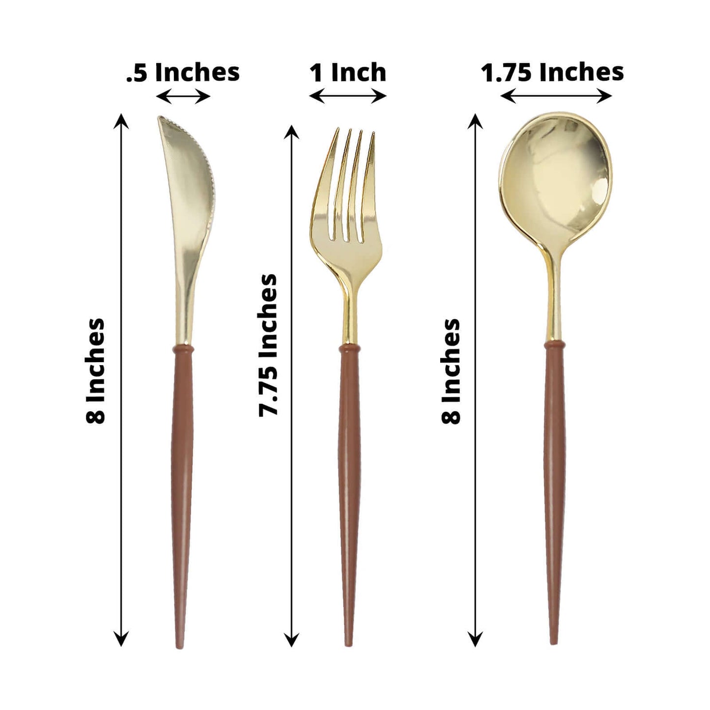 24-Pack Plastic Flatware Set in Metallic Gold with Brown Handle - Heavy Duty Disposable Modern Silverware 8"