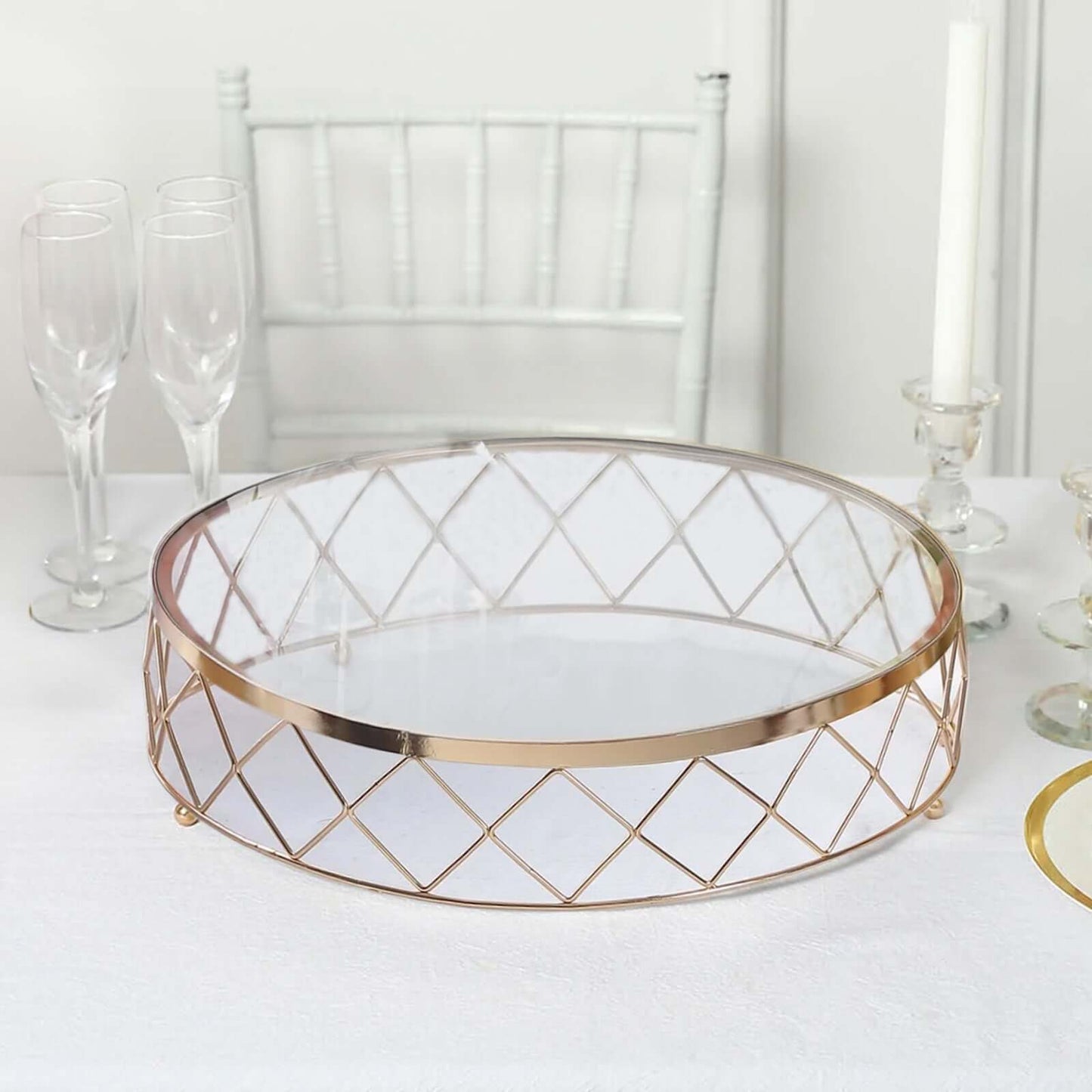 Metal Cake Stand Geometric Diamond Cut Design Gold with Glass Top - Dessert Display Riser 16"