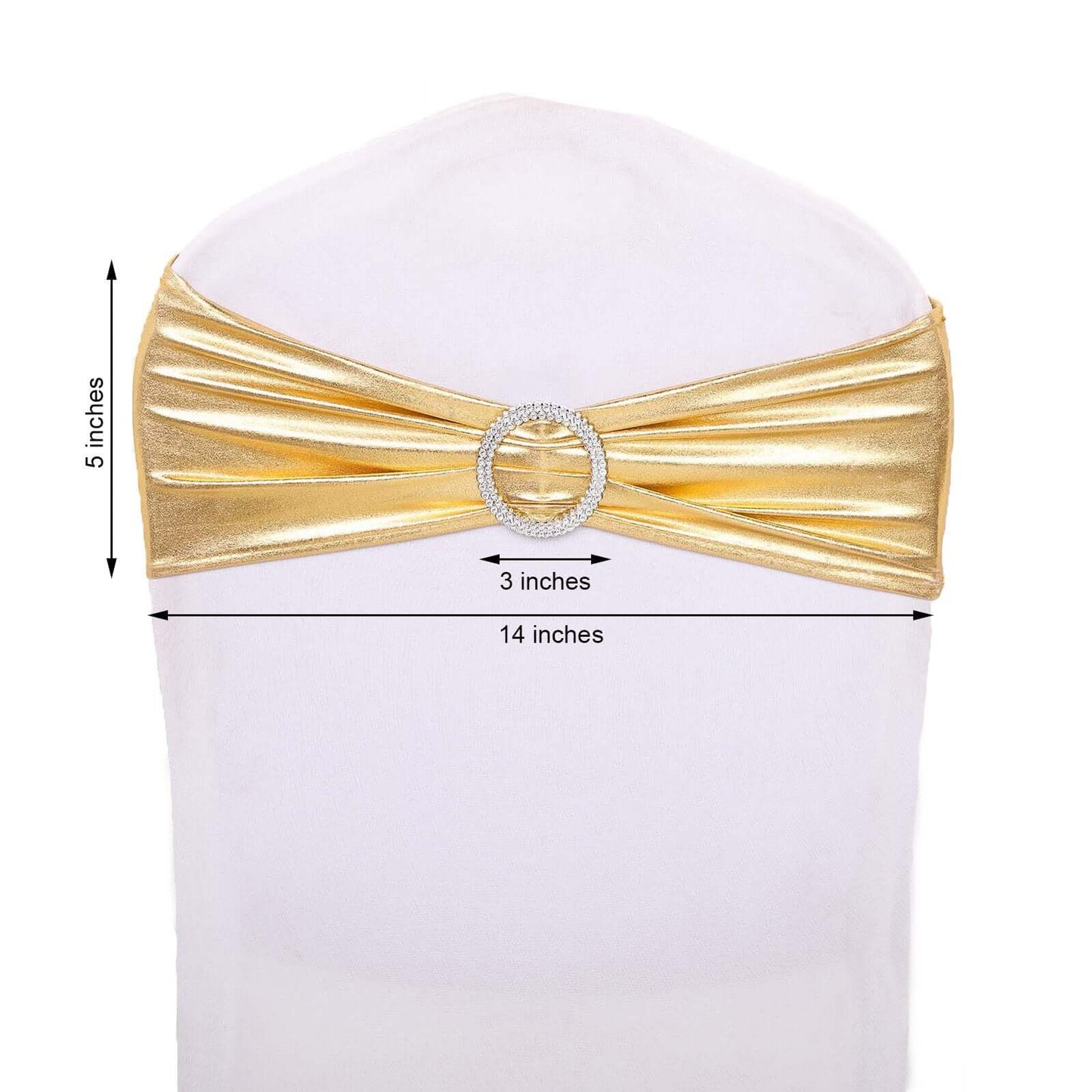 5 Pack Metallic Spandex Chair Sashes Gold - Stretch Fit Chair Bands With Round Diamond Buckles for Glamorous Event Decor