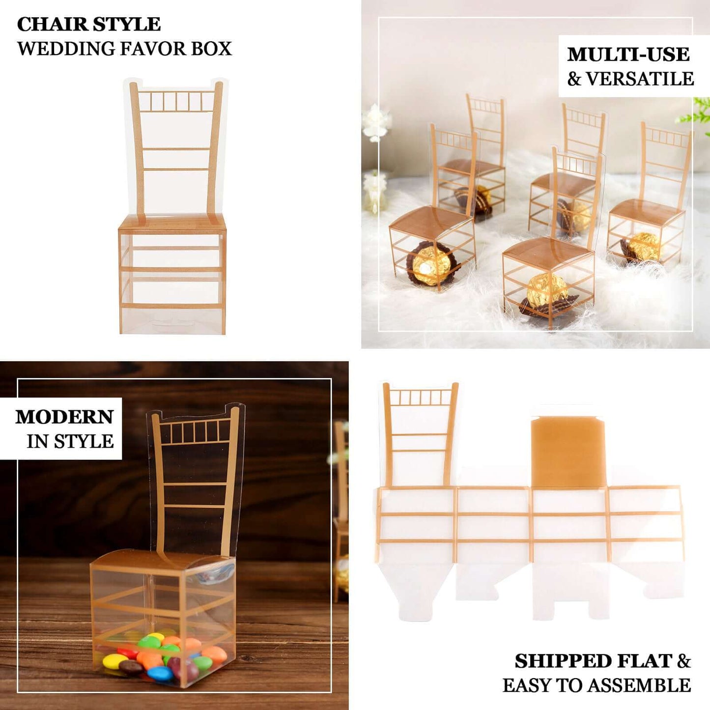 25 Pack Clear and Gold PVC Chiavari Chair-Shaped Party Favor Candy Gift Boxes - 2"x5"