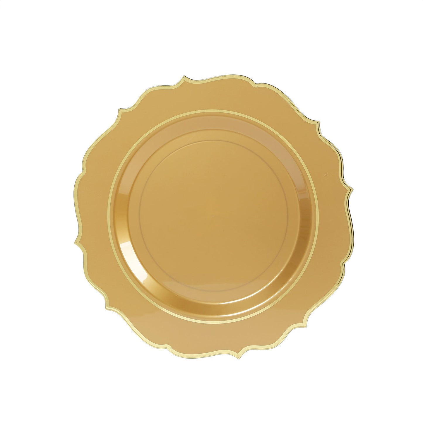 10-Pack Economy Plastic Round Charger Plates 13" in Gold with Scalloped Rim, Decorative Dinner Party Serving Plates
