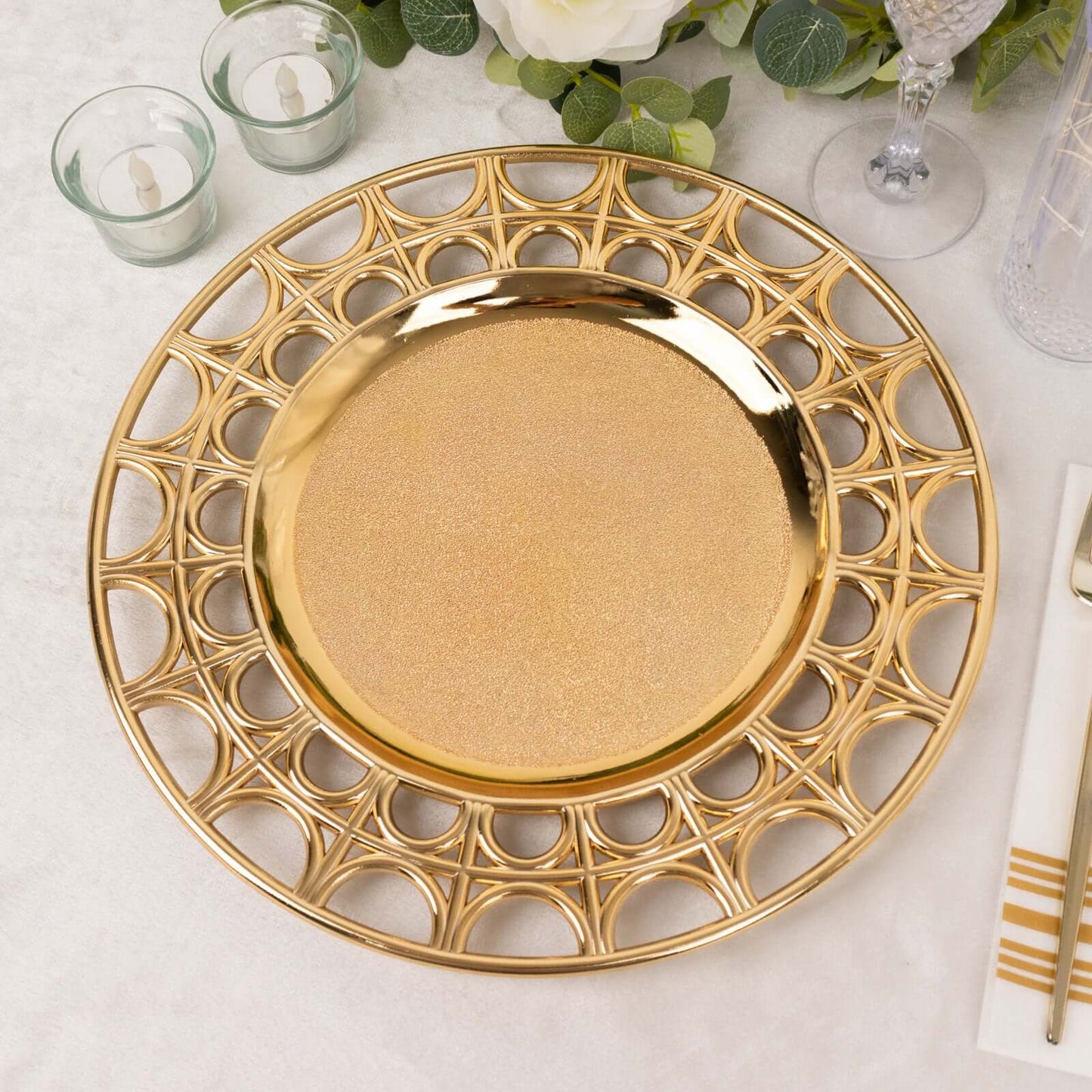6-Pack Acrylic Round Charger Plates 13" in Metallic Gold with Hollow Semi Circle Rim, Plastic Decorative Charger Tableware