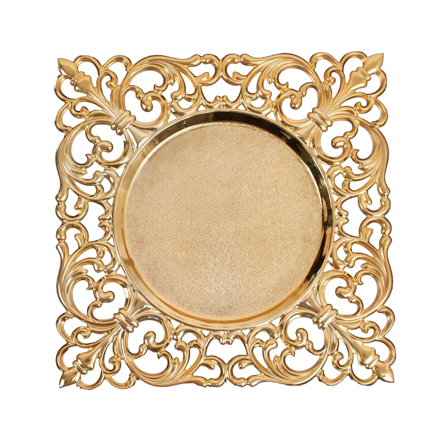 6-Pack Acrylic Square Charger Plates 12" in Gold with Hollow Lace Border, Event Tabletop Decorative Charger Tableware