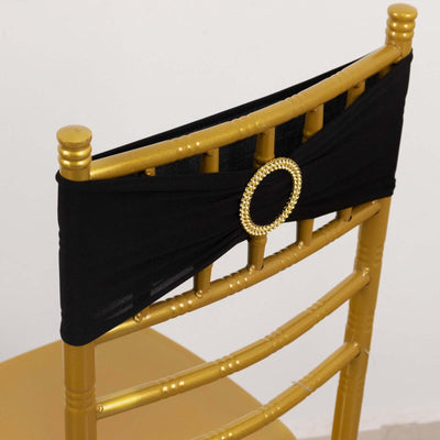 5 Pack Spandex Chair Sashes Black with Gold Rhinestone Buckles - Reusable Four-Way Stretch Sash Bands 5"x14"