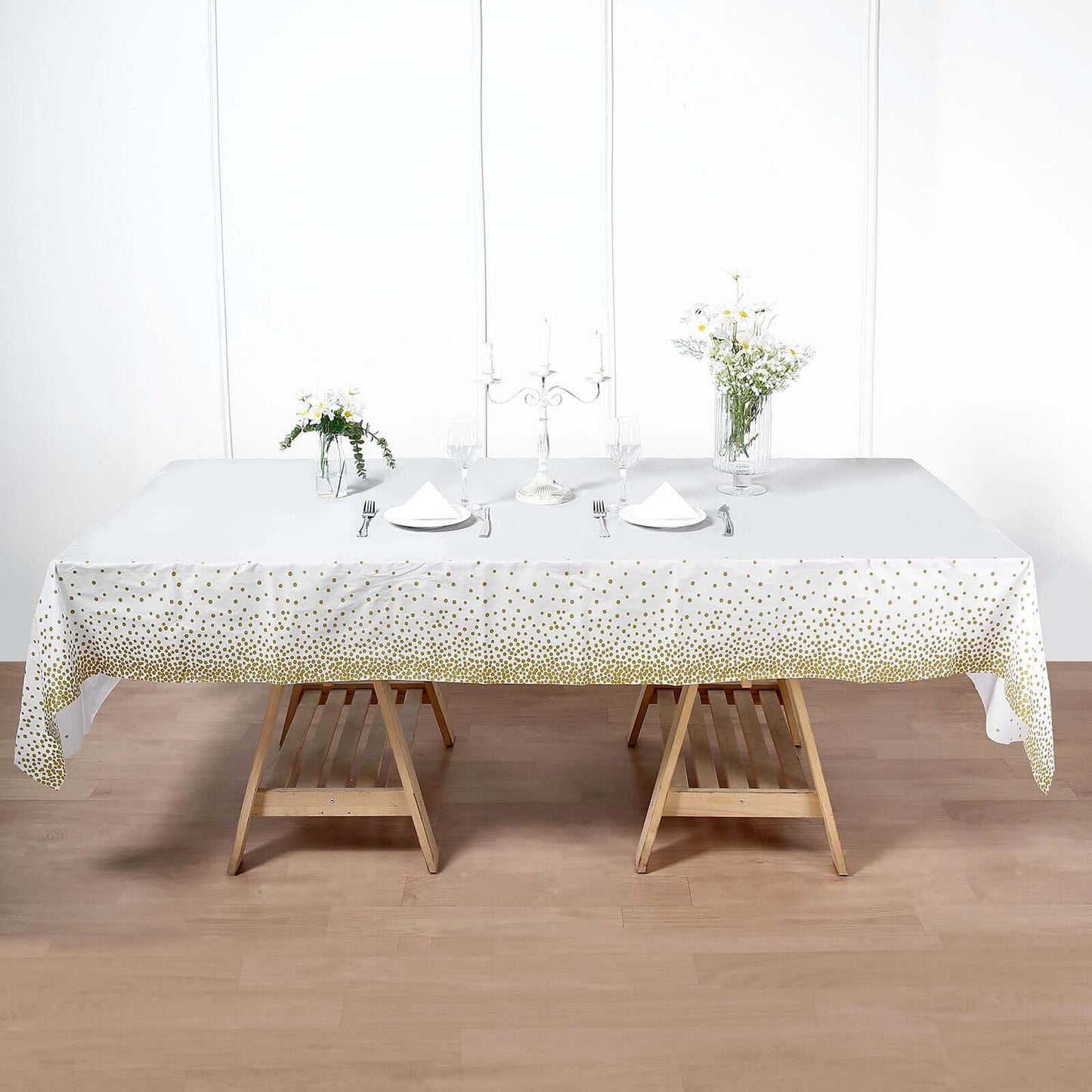 5-Pack Plastic Table Covers White Rectangle with Gold Confetti Dots - Durable PVC Disposable Tablecloths for Events 54"x108"