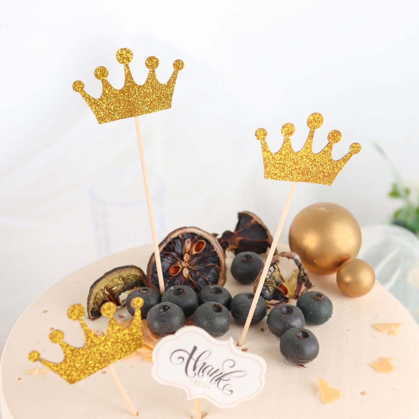 24-Pack Cupcake Topper Picks Royal Crown Design Glitter Gold - Party Cake Toppers 5"