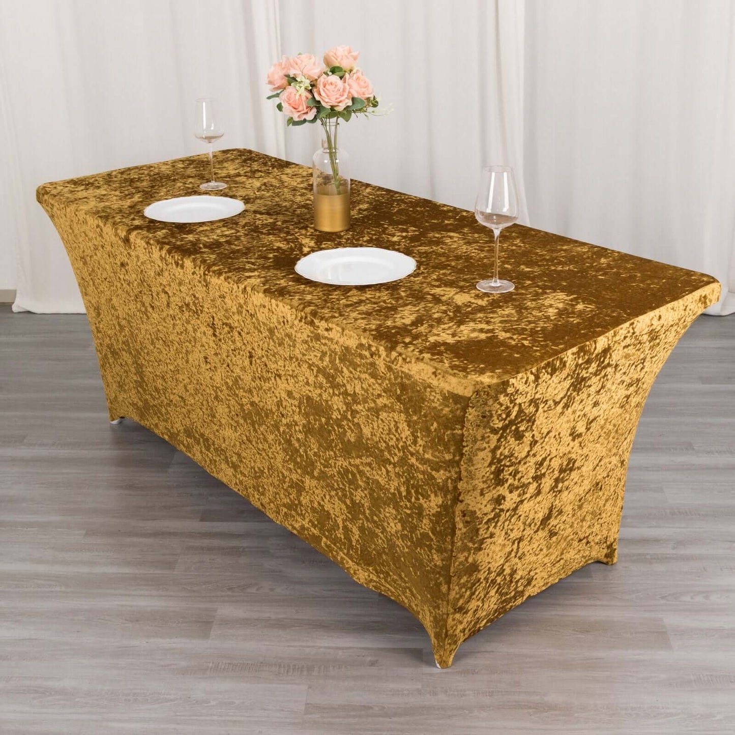 Crushed Velvet Fitted Rectangular 6ft Table Cover Gold - Wrinkle-Free Stretchy Tablecloth