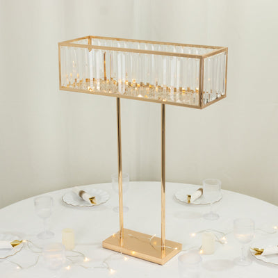 Gold Crystal Pendant Flower Stand Metal Centerpiece Vase â€“ 32’’ Tall Rectangular Display Rack - Centerpieces