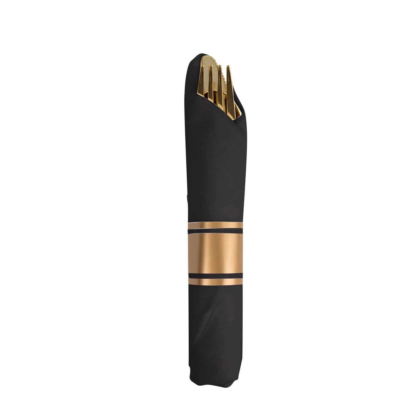 Set of 24 Gold Plastic Silverware with Pre-Rolled Black Paper Napkins - Disposable Wrapped Fork, Spoon, and Knife Set