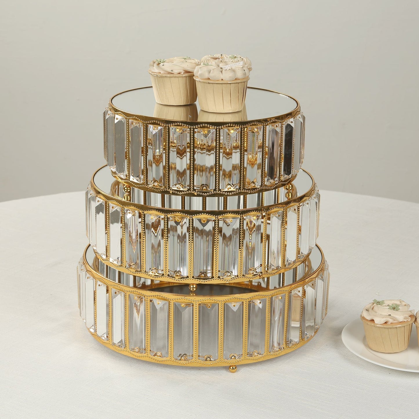 Set of 3 Gold Metal Crystal Pendant Cake Stands with Mirror Top, Stackable Round Dessert Display Trays - 9",11",12"