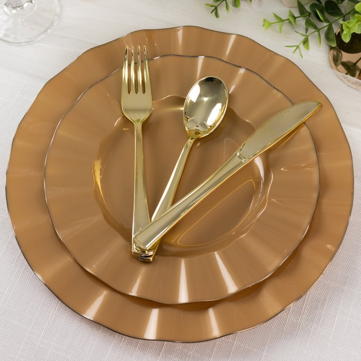10-Pack Plastic 9" Round Dinner Plates in Gold with Ruffled Rim - Sturdy Disposable Dinnerware for Classy Events & Banquets