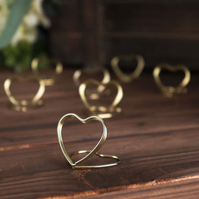 10-Pack Metal Card Holder Stands Double Heart Design Gold - Table Number Stands and Wedding Place Card Menu Clips 1"