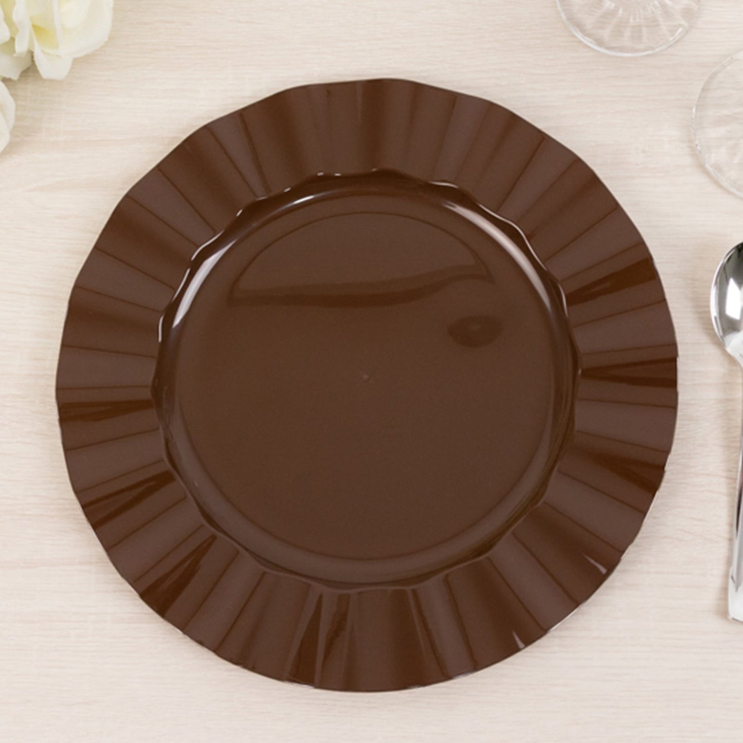 10-Pack Plastic 11" Round Dinner Plates in Cinnamon Brown Ruffled Rim with Gold Edging - Sturdy Disposable Dinnerware