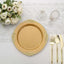 10-Pack Plastic 10" Round Dinner Plates in Gold with Leaf Embossed Rim - Disposable Vintage Baroque Style Plates for Luxurious Gatherings & Events