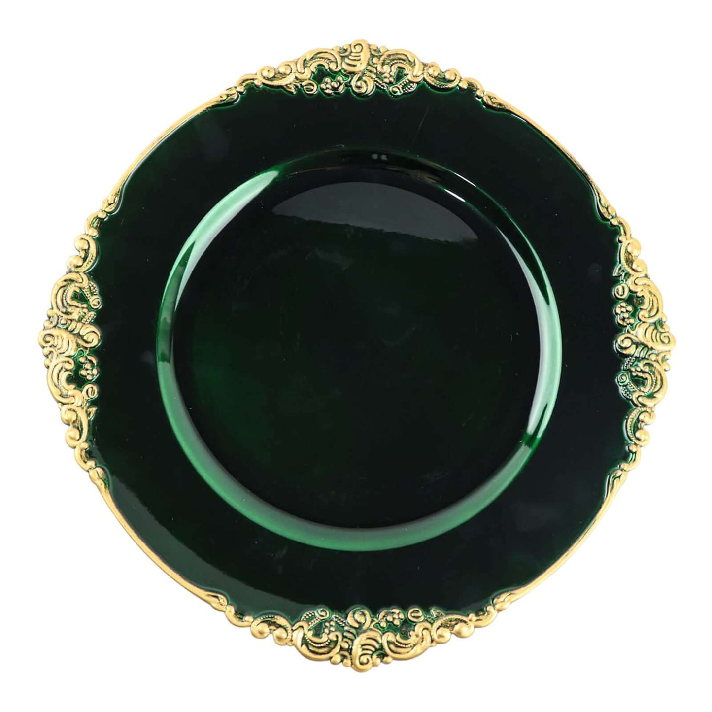 6-Pack Acrylic Round Charger Plates 13" in Hunter Emerald Green with Gold Embossed Baroque Rim, Antique Decorative Dinner Party Charger Tableware