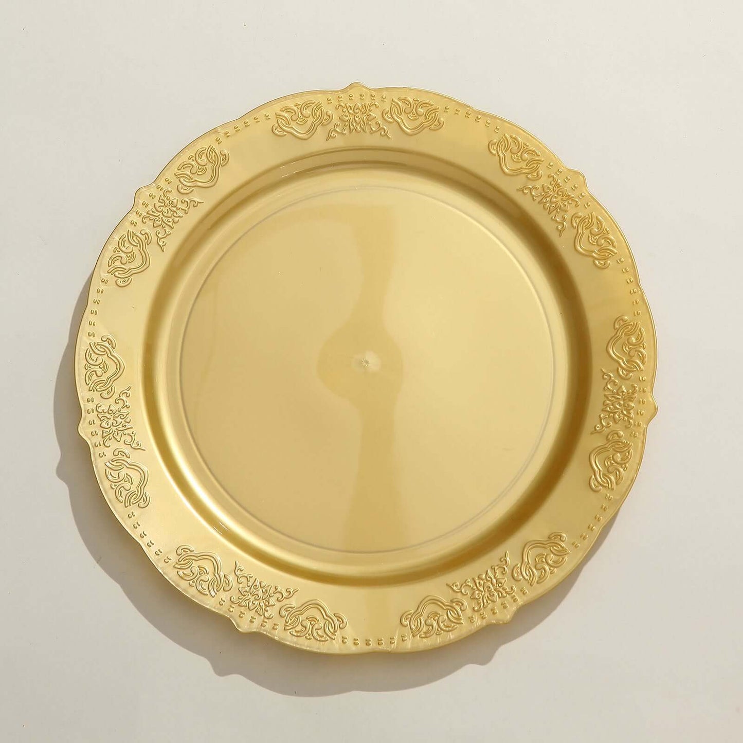 10-Pack Plastic 10" Round Dinner Plates Gold Embossed Scalloped Edge - Chic Disposable Party Plates for Special Occasions & Banquets
