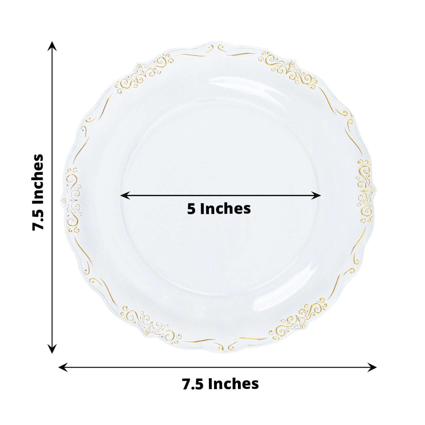 10-Pack Plastic 7" Round Dessert Plates in Clear with Gold Vintage Embossed Rim - Sturdy Disposable Scalloped Edge Salad Plates for Sophisticated Events & Celebrations