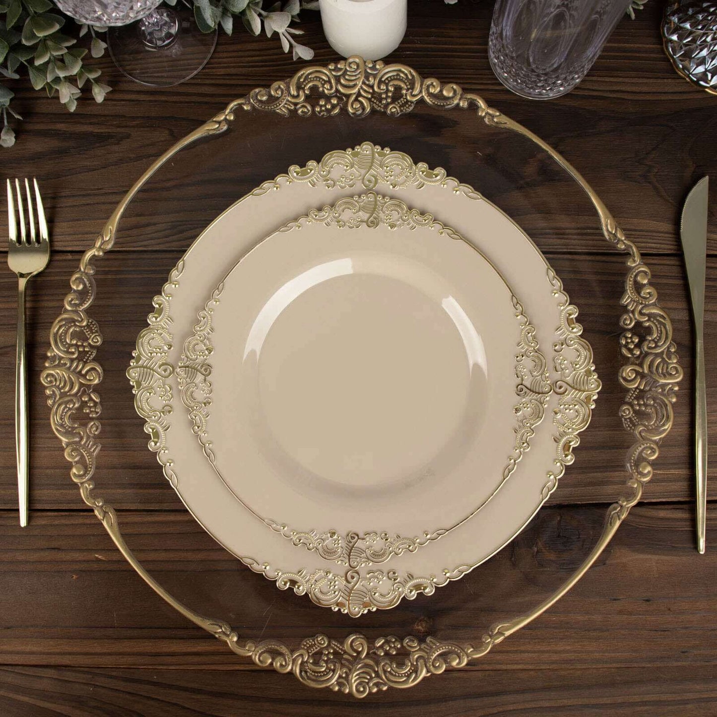 10-Pack Plastic 10" Round Dinner Plates in Taupe with Gold Leaf Embossed Rim - Disposable Vintage Baroque Style Plates