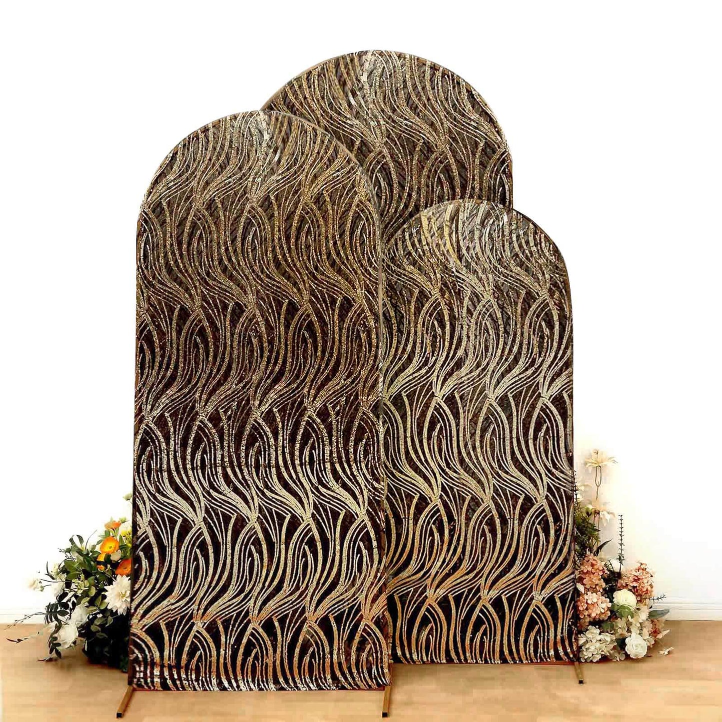 Set of 3 Black Wave Mesh Chiara Wedding Arch Covers With Gold Embroidered Sequins, Fitted Covers For Round Top Backdrop Stands - 5ft,6ft,7ft