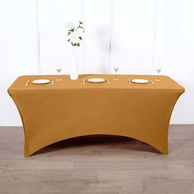 Stretch Spandex 96"x30" Rectangle Table Cover Gold - Durable Form-Fitting Tablecloth for Events & Presentations